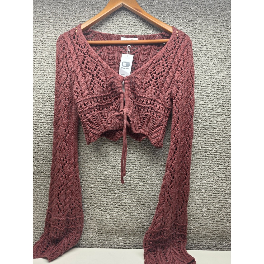Emory Park Chocolate Pointelle Tie Front Cropped Cardigan Small NEW Buckle